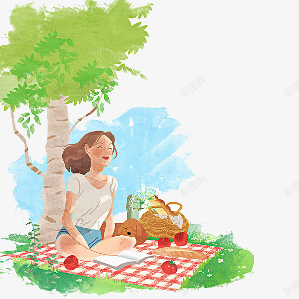 坐在树下看书的女孩png免抠素材_新图网 https://ixintu.com 女孩 小狗 彩绘 树木 水墨 看书 苹果 草地