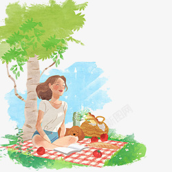 坐在树下看书的女孩素材