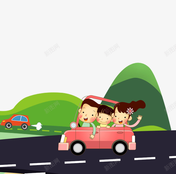 卡通手绘开车春游的一家人psd免抠素材_新图网 https://ixintu.com 卡通 开车 手绘 招手的女人 春游的一家人 粉色的汽车 马路