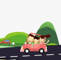 汽车粉色卡通手绘开车春游的一家人高清图片