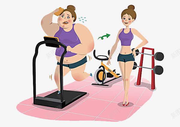 卡通健身的女人png免抠素材_新图网 https://ixintu.com 健身器材 健身的女人 卡通 汗水 胖瘦女孩对比 跑步机 锻炼器材