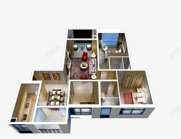 3D户型图png免抠素材_新图网 https://ixintu.com 三居室 两卫 两厅 家居户型 居家户型 户型图 户型效果图 温馨居室