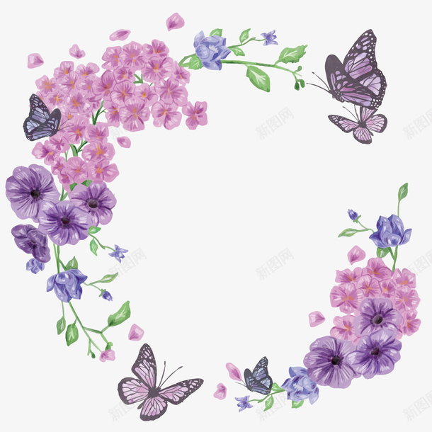 紫色花环png免抠素材_新图网 https://ixintu.com 动物 手绘 浪漫 紫色 绿叶 美丽 花朵 花环 蝴蝶