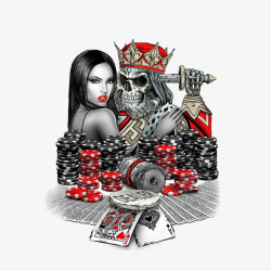 卡通手绘骷髅扑克王和美女赌博插素材