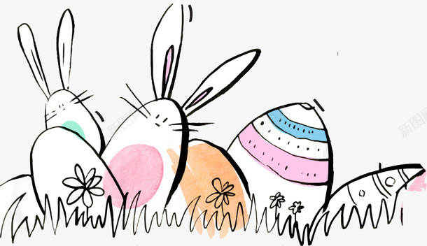 复活节手绘各式彩蛋png免抠素材_新图网 https://ixintu.com 可爱兔子 各式彩蛋 复活节 手绘彩蛋 白色兔子 绘画