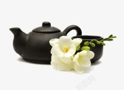 冷泡茶杯黑色的茶壶和茶杯泡茉莉花茶高清图片