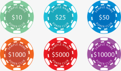 卡通赌场素材六种不同金额的赌场筹码矢量图高清图片