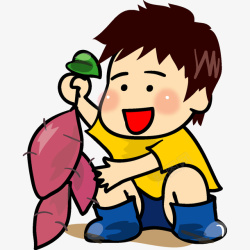 一串蔬菜卡通男孩开心的拎着一串红薯插画高清图片