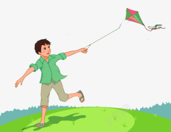 手绘漫画草地上放风筝的小男孩素材
