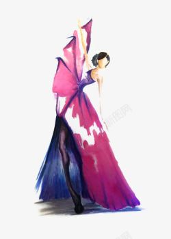 女装设计效果图手绘紫色水彩单肩长裙高清图片