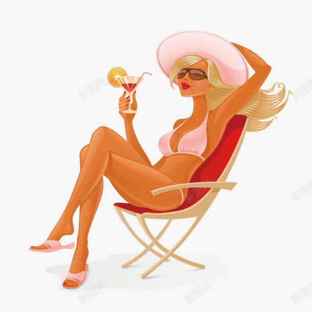 喝饮料坐在沙滩椅比基尼女郎png免抠素材_新图网 https://ixintu.com 发型 户外 服装 模特 沙滩女郎