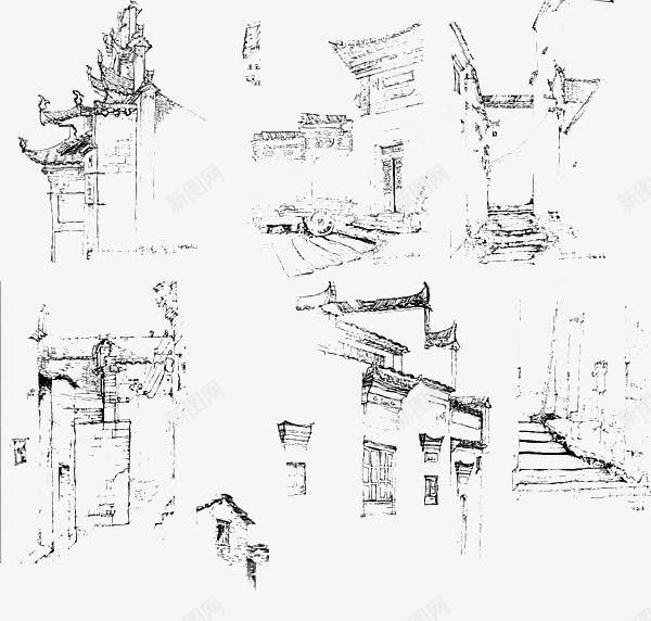 徽派建筑png免抠素材_新图网 https://ixintu.com 徽派建筑 手绘 素描 装饰 黑白