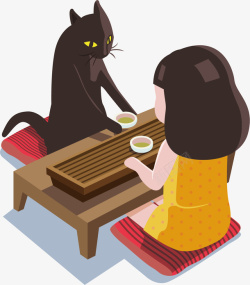喝茶的女孩和猫咪聊天矢量图高清图片