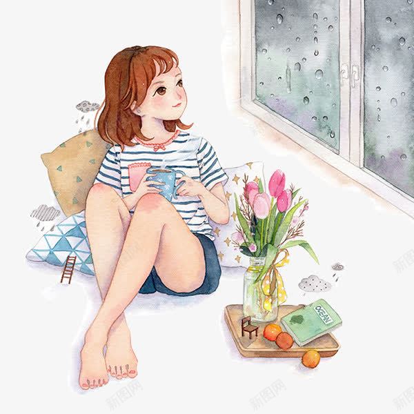 看窗外的小女孩png免抠素材_新图网 https://ixintu.com 小女孩 手绘 窗户 花朵