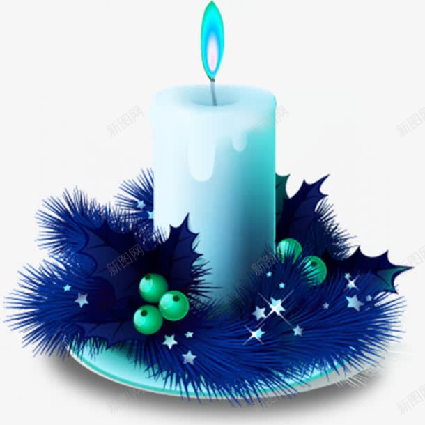 蓝色浪漫蜡烛png免抠素材_新图网 https://ixintu.com 圣诞装饰 多彩树叶衬托 浪漫氛围 点燃的蜡烛 蓝色
