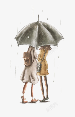 手绘避雨的少女插画素材