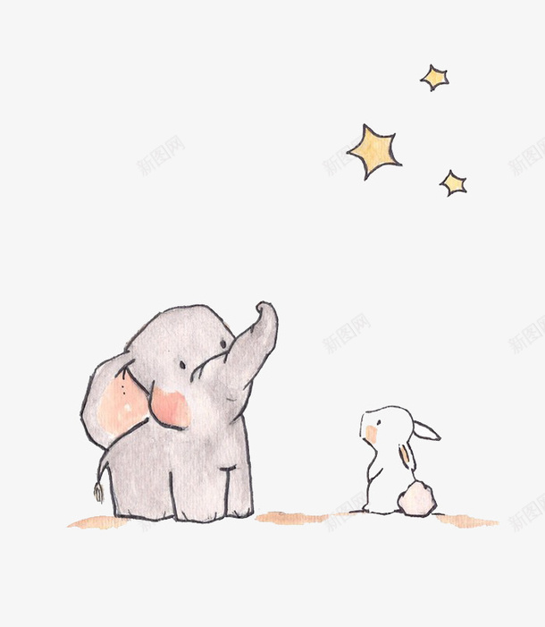 大象和兔子看星星png免抠素材_新图网 https://ixintu.com 兔子 大象 插画 星星