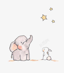 插画大象设计大象和兔子看星星高清图片