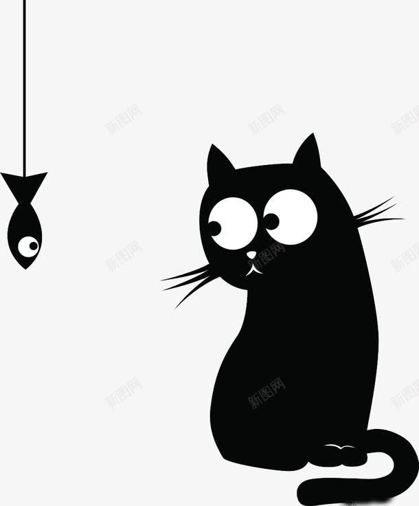猫吃鱼图标png_新图网 https://ixintu.com 卡通 填充 小鱼 猫咪 黑色