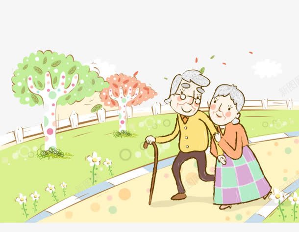 白头到老png免抠素材_新图网 https://ixintu.com 卡通 幸福 手绘 拐杖 爱人 爱情 白发到老 老人