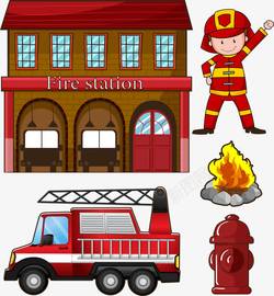 手绘的消防员消防车消防员高清图片