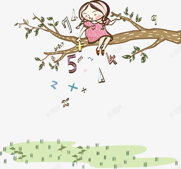 卡通插图坐在树上的小女孩png免抠素材_新图网 https://ixintu.com 卡通插图 可爱插图 坐在树上 小女孩 数字 枝干 树叶 树叶枝 树枝 草坪