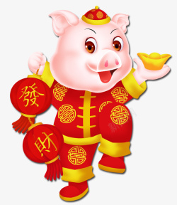 节日猪红黄色拿着元宝灯笼新年猪高清图片