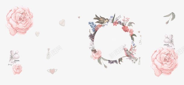 花纹背景png免抠素材_新图网 https://ixintu.com 小鸟 延缓衰老 手绘花纹 浪漫玫瑰花 粉色花朵 花圈