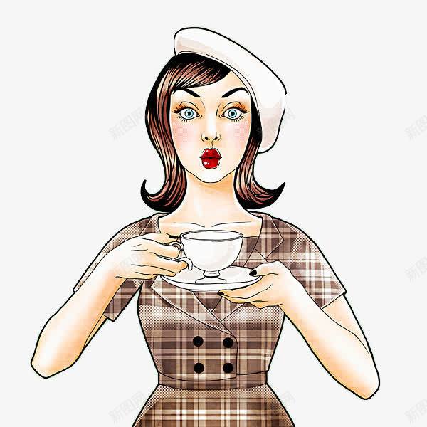 卡通端咖啡撅嘴的女人png免抠素材_新图网 https://ixintu.com 亲亲 卡通 可爱 喝咖啡 女人 性感 插画 撅嘴 淑女 贵妇