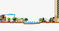 CAD景观剖面带有云朵绿树水系以及高层住宅的高清图片