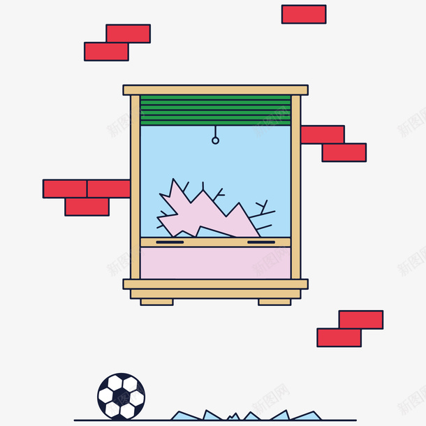 打破玻璃的足球插画png免抠素材_新图网 https://ixintu.com 卡通 墙壁 室内插画 玻璃 碎玻璃 窗户 足球