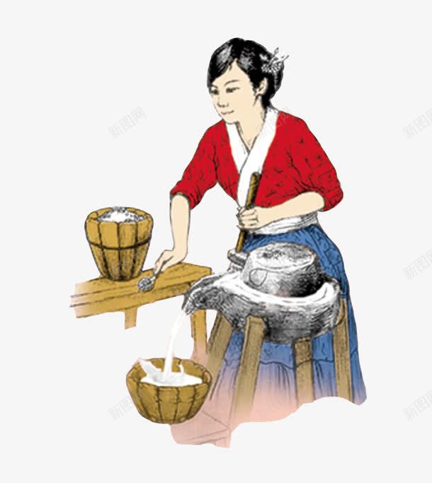 手绘古典磨豆浆的女人png免抠素材_新图网 https://ixintu.com 传统工艺 手绘古典磨豆浆的女人 石磨