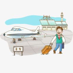 飞机场插画卡通插画男人拖着行李在机场高清图片
