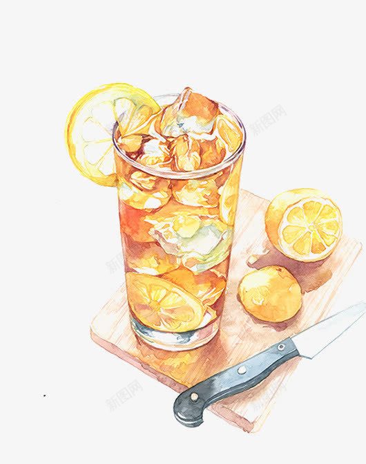 手绘柠檬红茶png免抠素材_新图网 https://ixintu.com 冰块 小刀 柠檬 柠檬红茶 饮料