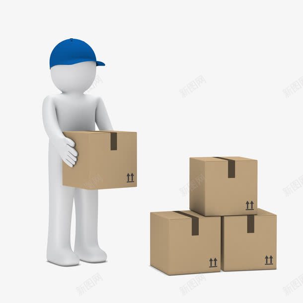 3D小人png免抠素材_新图网 https://ixintu.com 商务小人 搬货员 搬运 箱子 蓝色帽子