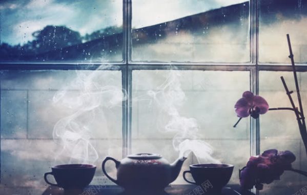 窗台热茶海报背景背景