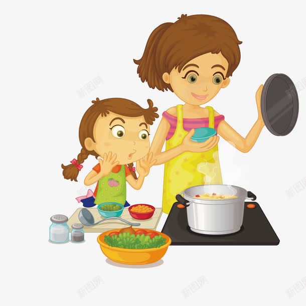 和妈妈做饭png免抠素材_新图网 https://ixintu.com 互相照顾 儿童画 帮忙 烹饪 食物