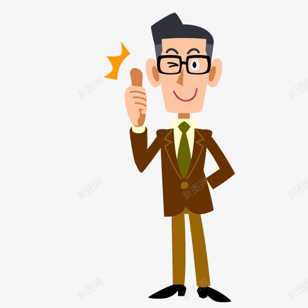 竖大拇指的男人png免抠素材_新图网 https://ixintu.com 卡通 大拇指 棕色 男人 眼镜 西装 领带 黄色