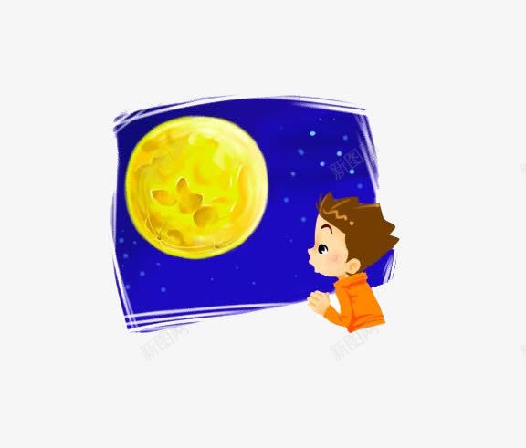 小孩望月png免抠素材_新图网 https://ixintu.com 卡通 圆月亮 思乡 星空 漫画