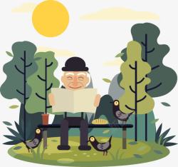 老人坐在长椅上森林阅读的老人高清图片