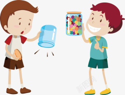 可爱糖果罐子两个男孩手中的玻璃罐子矢量图高清图片