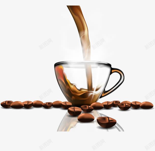 写实咖啡倒入杯中png免抠素材_新图网 https://ixintu.com 写实 咖啡 咖啡杯 咖啡豆 手绘 热气腾腾 玻璃杯 精美