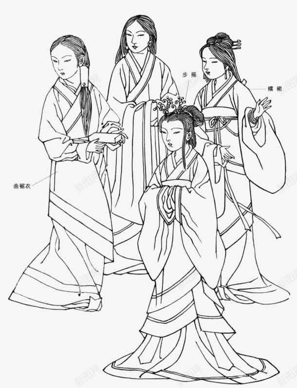 古代女子服饰线描png免抠素材_新图网 https://ixintu.com 古代 古代服饰 女子 曲裾衣 服饰 步摇 线描 线条 襦裙