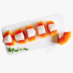 木瓜椰奶冻方形白盘摆盘素材