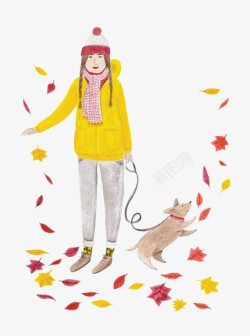 手绘秋天公园风景遛狗的女孩高清图片