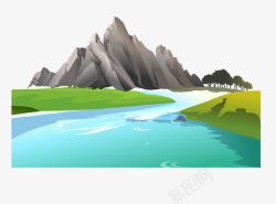 高山河流风景画卡通手绘高山流水图标高清图片