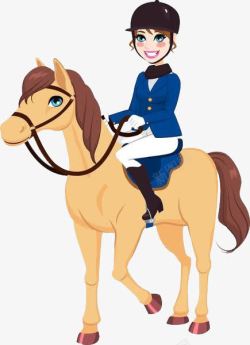 女孩牵绳卡通手绘穿着蓝色衣服的骑马运动高清图片