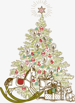 手绘花卉飘带装饰圣诞树矢量图素材