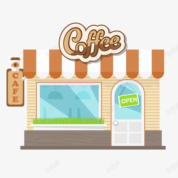 卡通咖啡店png免抠素材_新图网 https://ixintu.com 咖啡厅 咖啡店卡通 建筑物 房屋 街边的店面
