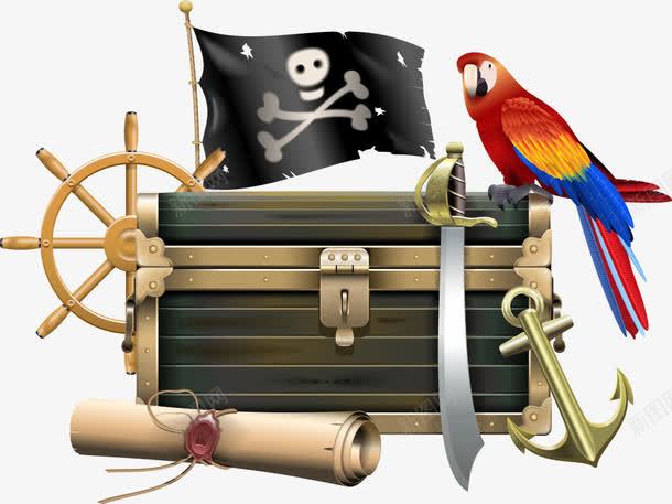 海盗主题png免抠素材_新图网 https://ixintu.com 刀具 卷袖 小鸟 旗帜 海盗 海盗主题 鹦鹉 黑色旗帜
